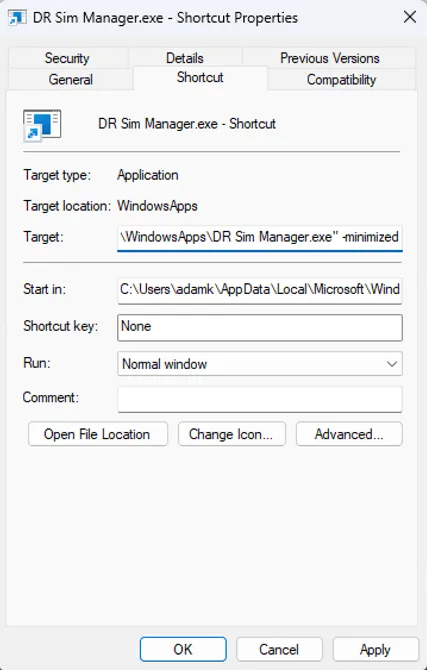Windows shortcut properties with the DR Sim Manager executable and the -minimized argument in the Target field