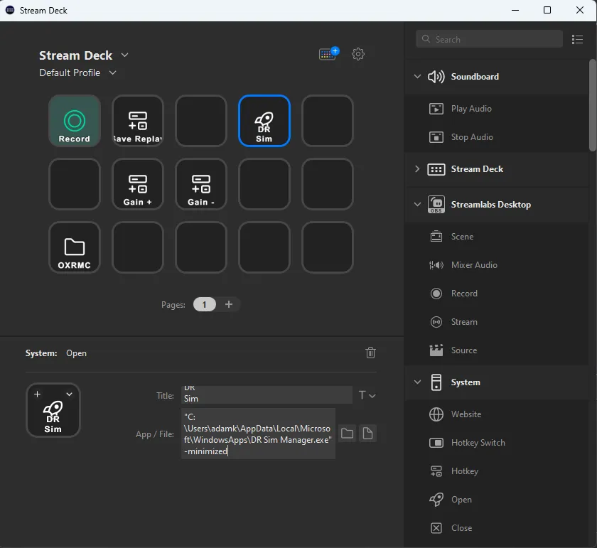 Stream Deck Open action targeting DR Sim Manager with the -minimized argument