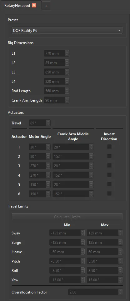 Rotary Hexapod UI with DOF Reality P6 Preset