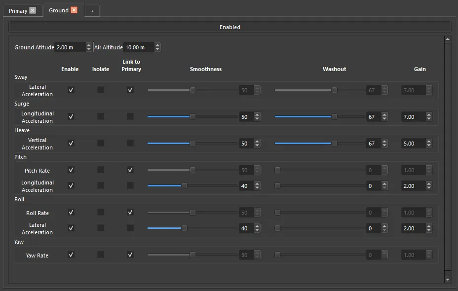 Ground Cue controls for altitude blending and per-axis motion settings