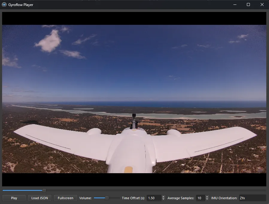 Gyroflow Player showing synchronized aerial video with playback and IMU controls