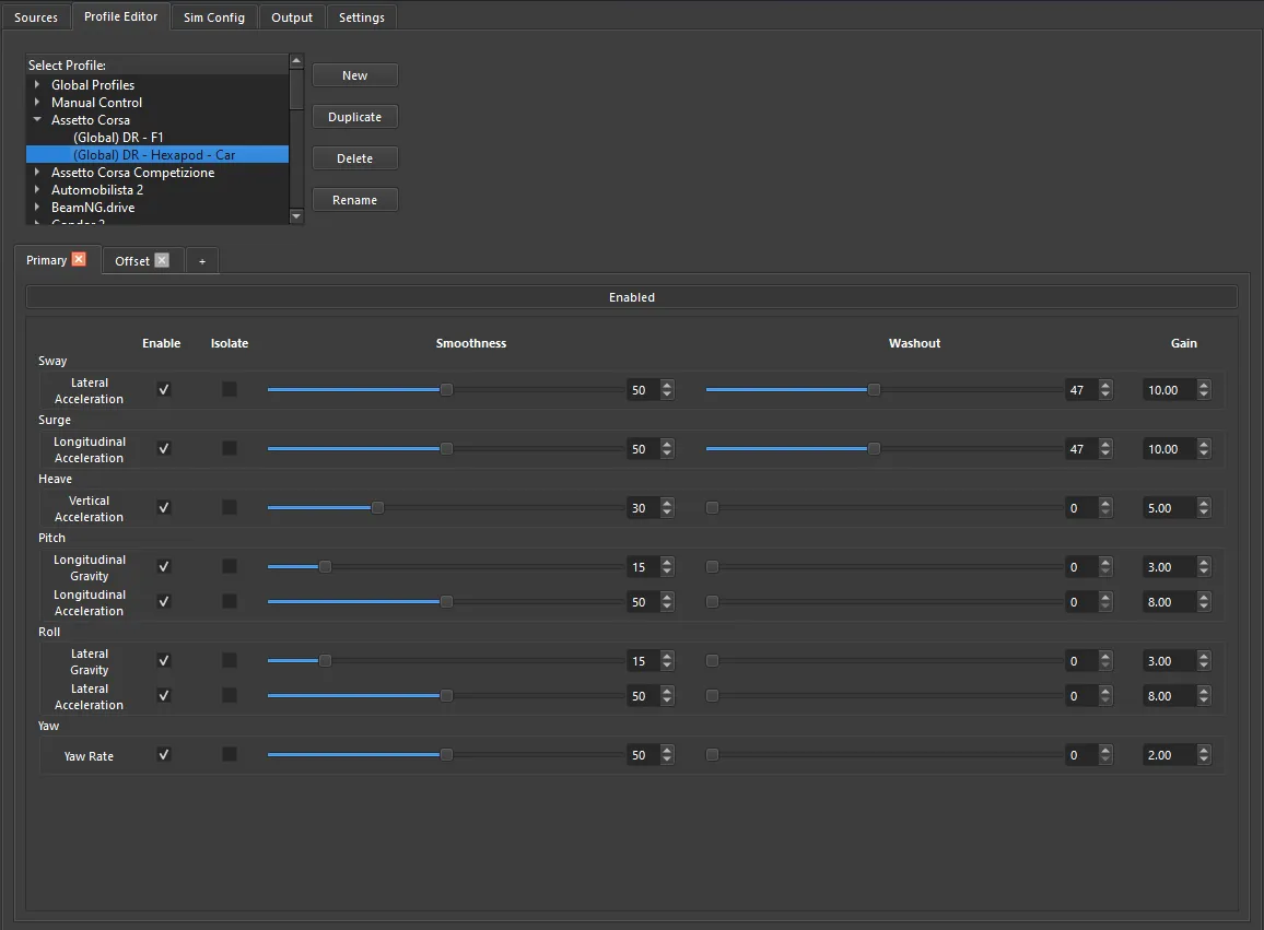 Profile Editor showing the profile tree and Primary Cue axis controls