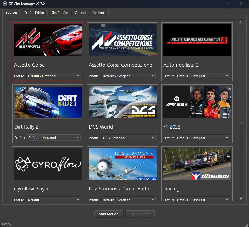 DR Sim Manager Sources tab showing game tiles, profile selectors, and motion controls