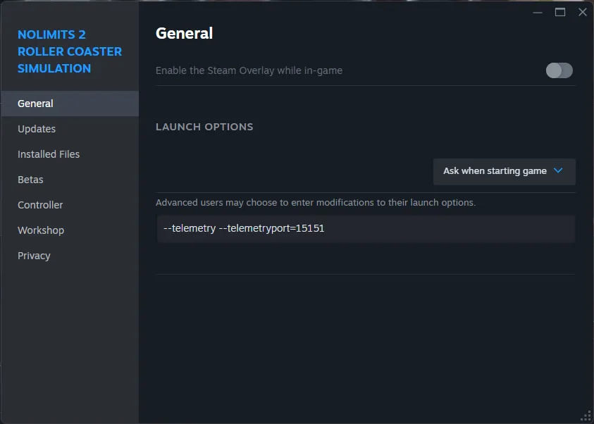 Steam launch options for No Limits 2 with the telemetry arguments configured