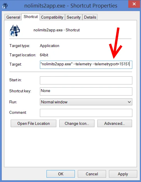 Windows shortcut properties showing the No Limits 2 telemetry arguments in the Target field