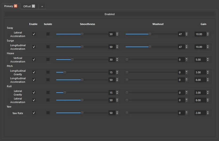 Primary Cue controls for nine standard and virtual motion axes