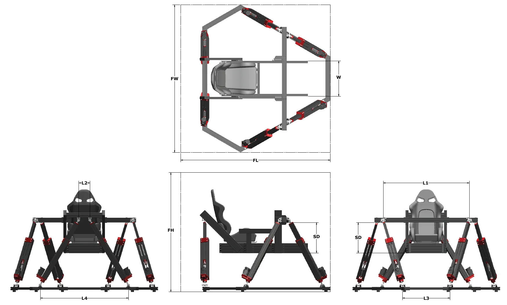 Linear hexapod layout schematic with dimensional labels